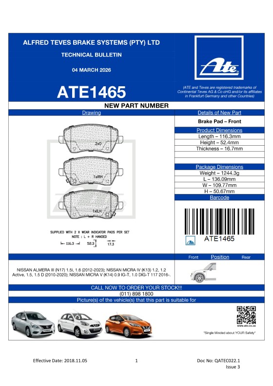 ATE1465 NEW! Brake Pad for Nissan Almera, Nissan Micra featured image
